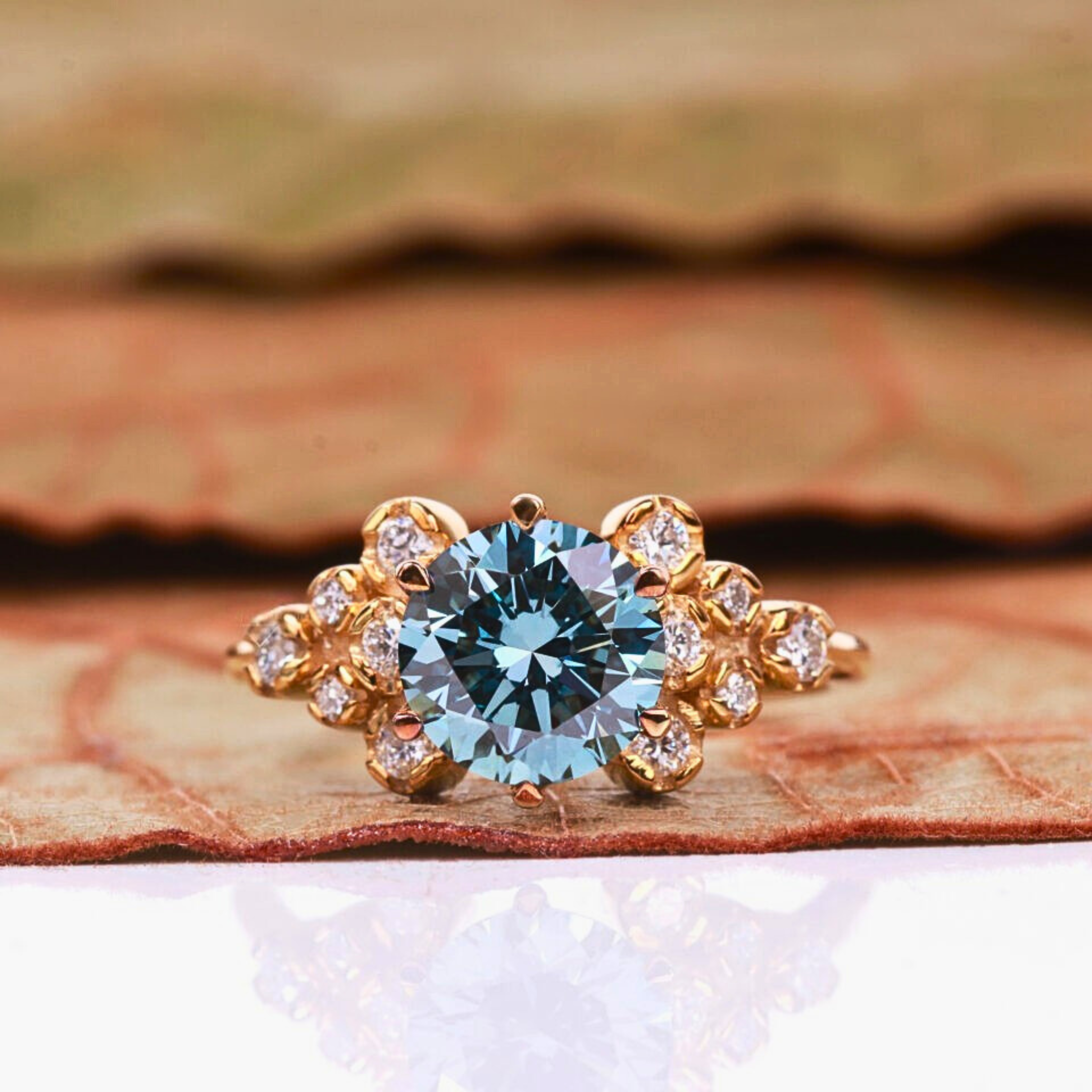 Vintage Floral Blue Lab Grown Diamond Engagement Ring