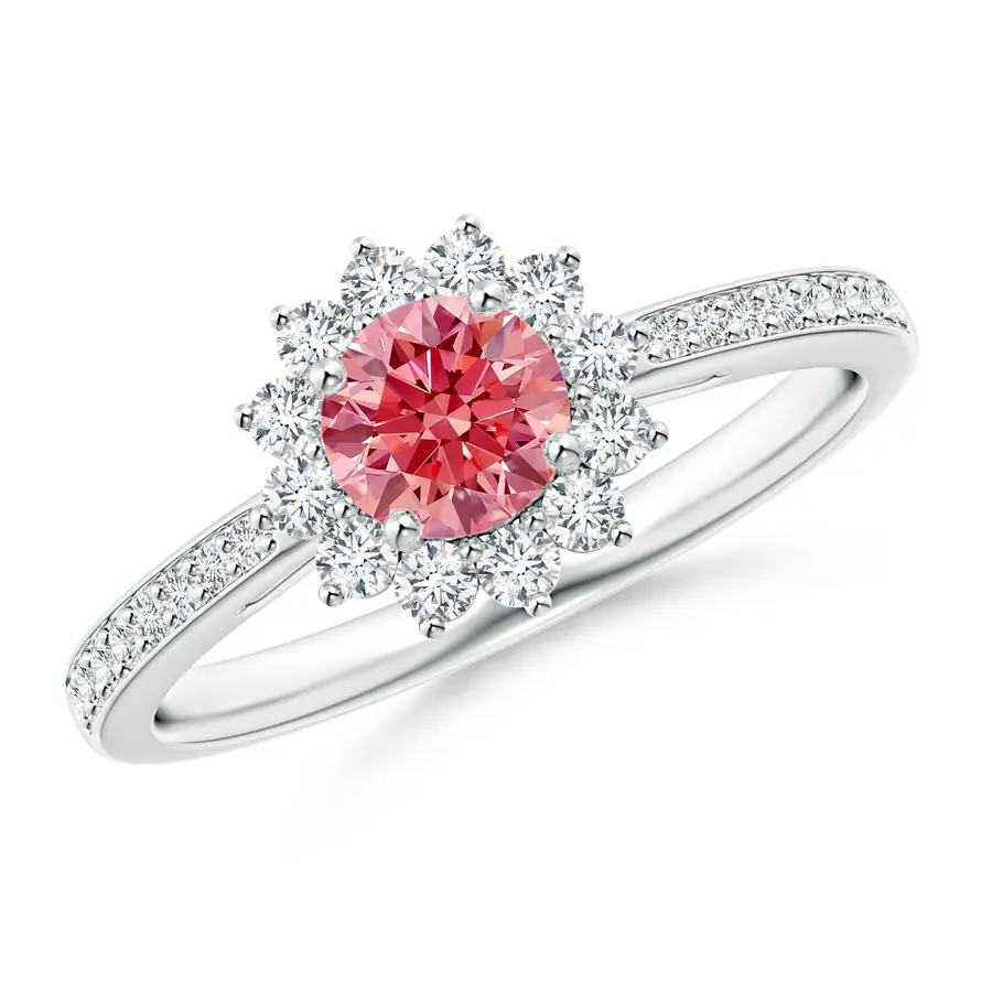Classic Floral Halo Round Lab-Grown Fancy Intense Pink Diamond Ring with Accents