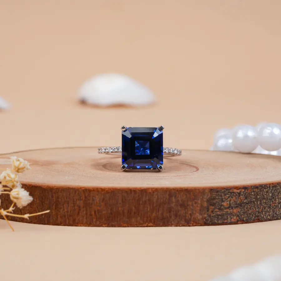 Vintage Blue Sapphire Square Emerald Cut Diamond Engagement Ring