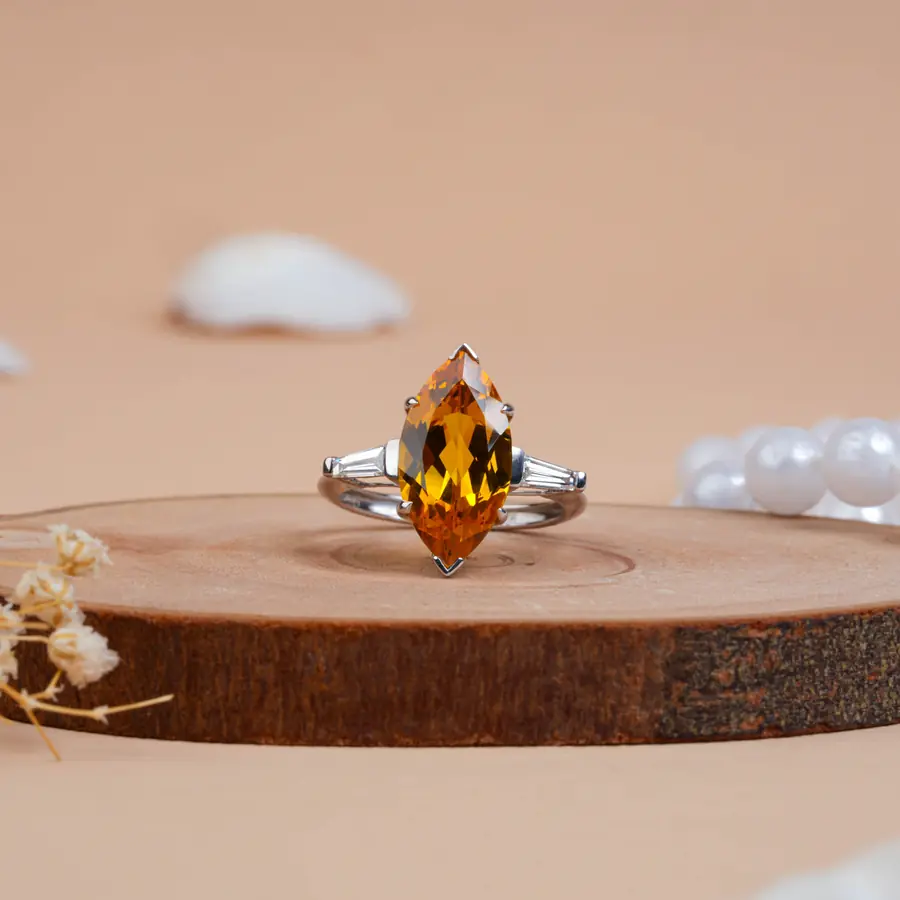 Yellow Citrine Marquise Cut Lab Diamond Ring for Women