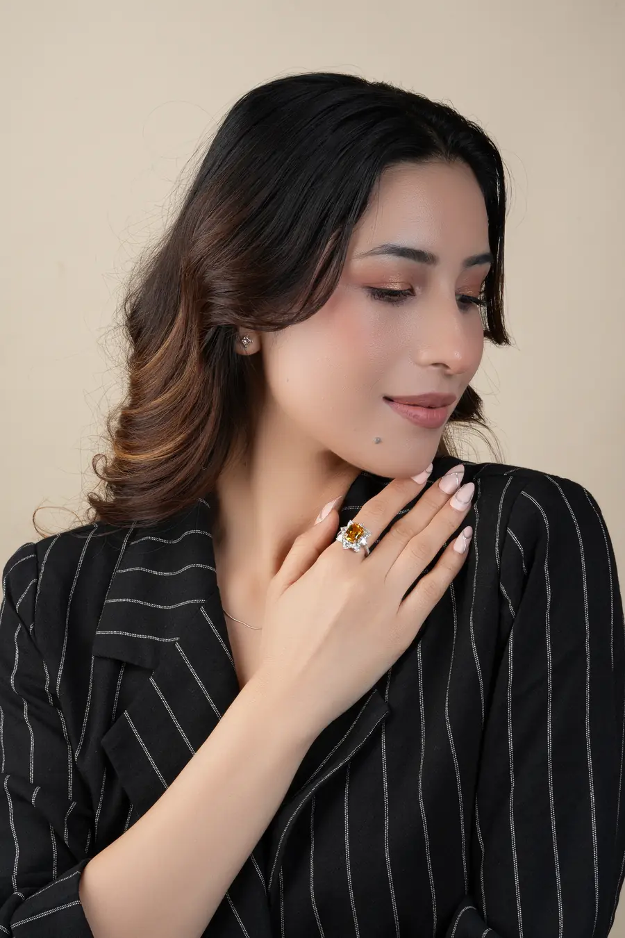 Natural Citrine Cushion Cut Diamond Halo Statement Ring