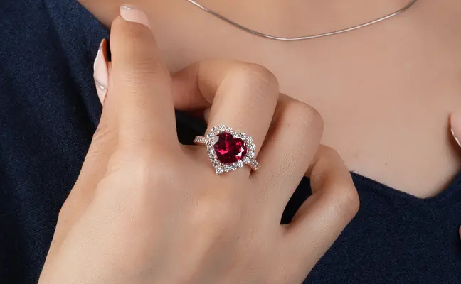Heart Shape Garnet & Diamond Halo Engagement Ring