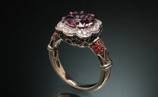 18K Gold Ring with Pink Spinel, White and Black Diamonds CGS