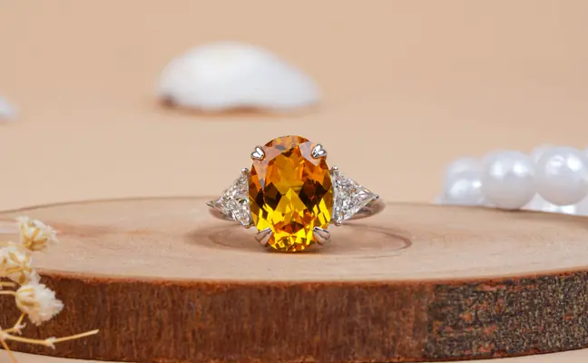 Oval Cut Citrine with Triangle Lab Grown Diamond Engagement Ring