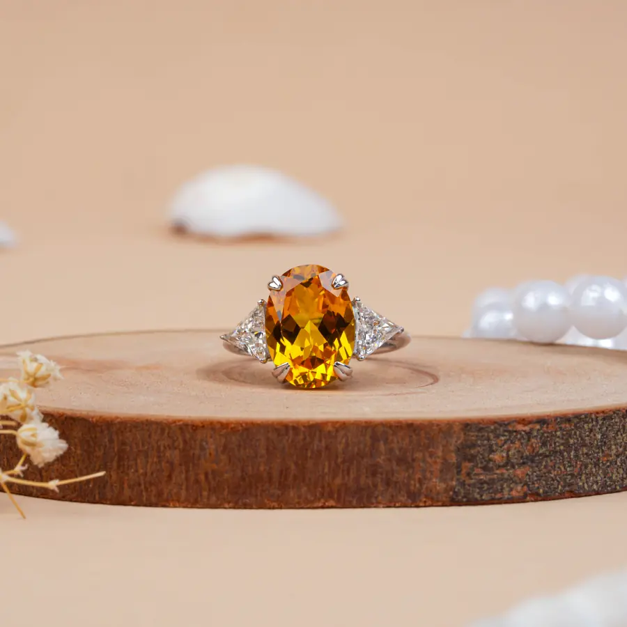 Oval Cut Citrine with Triangle Lab Grown Diamond Engagement Ring