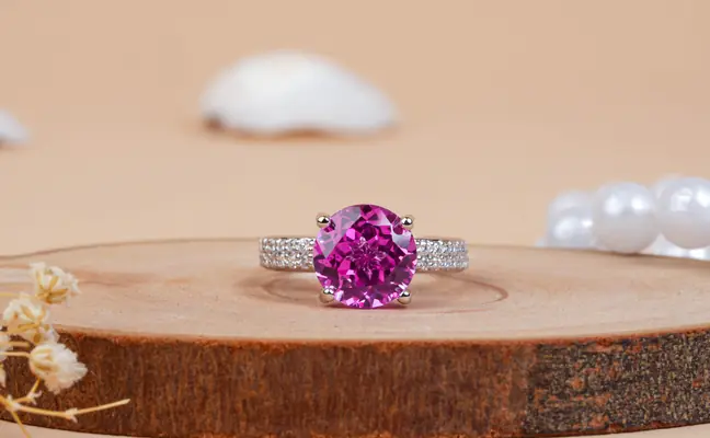 Round cut Pink Sapphire & Diamond Engagement Ring