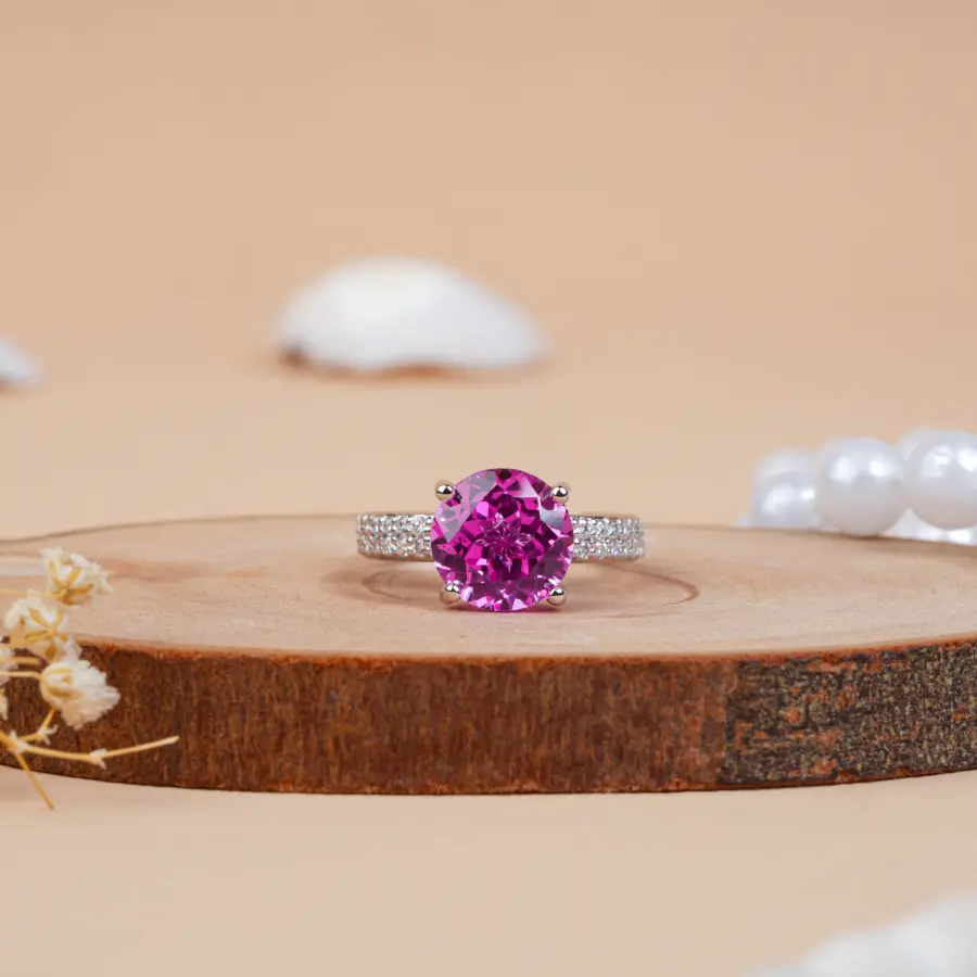 Round cut Pink Sapphire & Diamond Engagement Ring