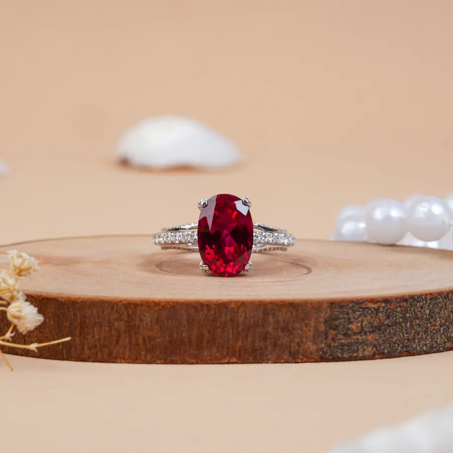 Lab-grown Oval Cut Ruby Hidden Halo Engagement Ring