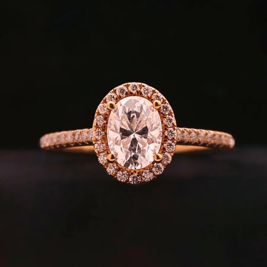 Oval Cut Lab Grown Diamond Halo Engagement Ring with Pavé Band