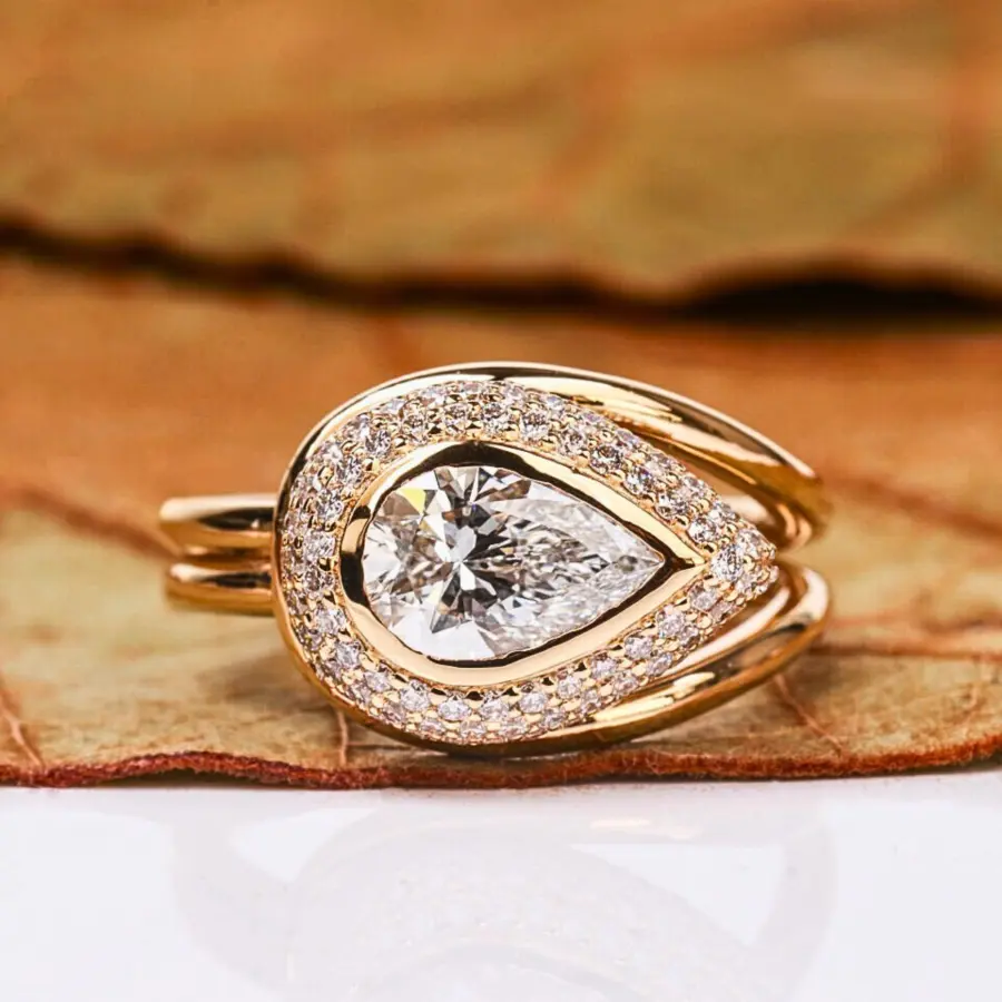 Teardrop Pear Shape Lab Grown Diamond Ring with Double Halo & Pave Band