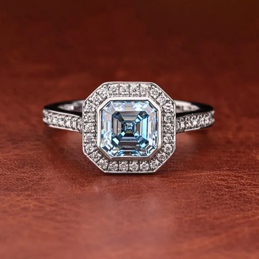 Vivid Blue Asscher Cut Lab Grown Diamond Halo Engagement Ring with Pave Band