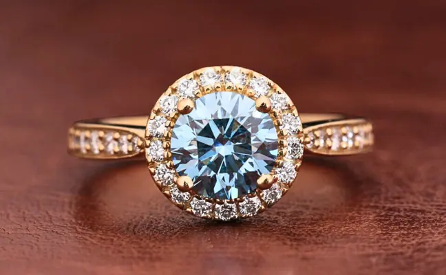 Blue Round Cut Lab Grown Diamond Halo Engagement Ring with Pave Band