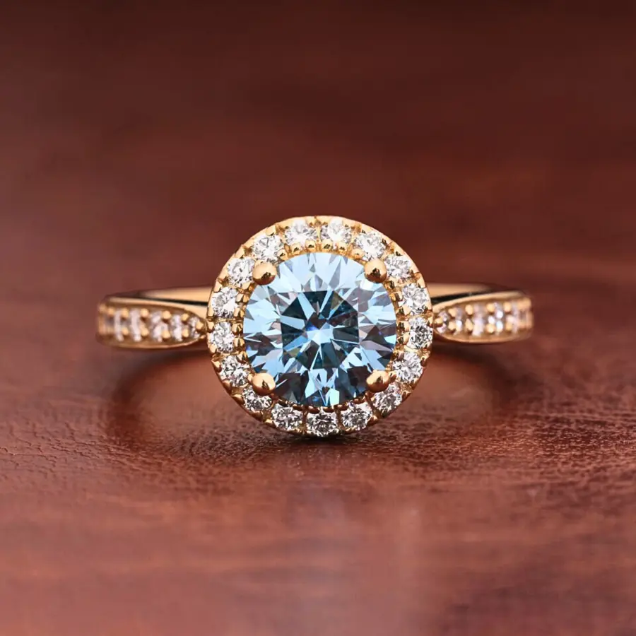Blue Round Cut Lab Grown Diamond Halo Engagement Ring with Pave Band