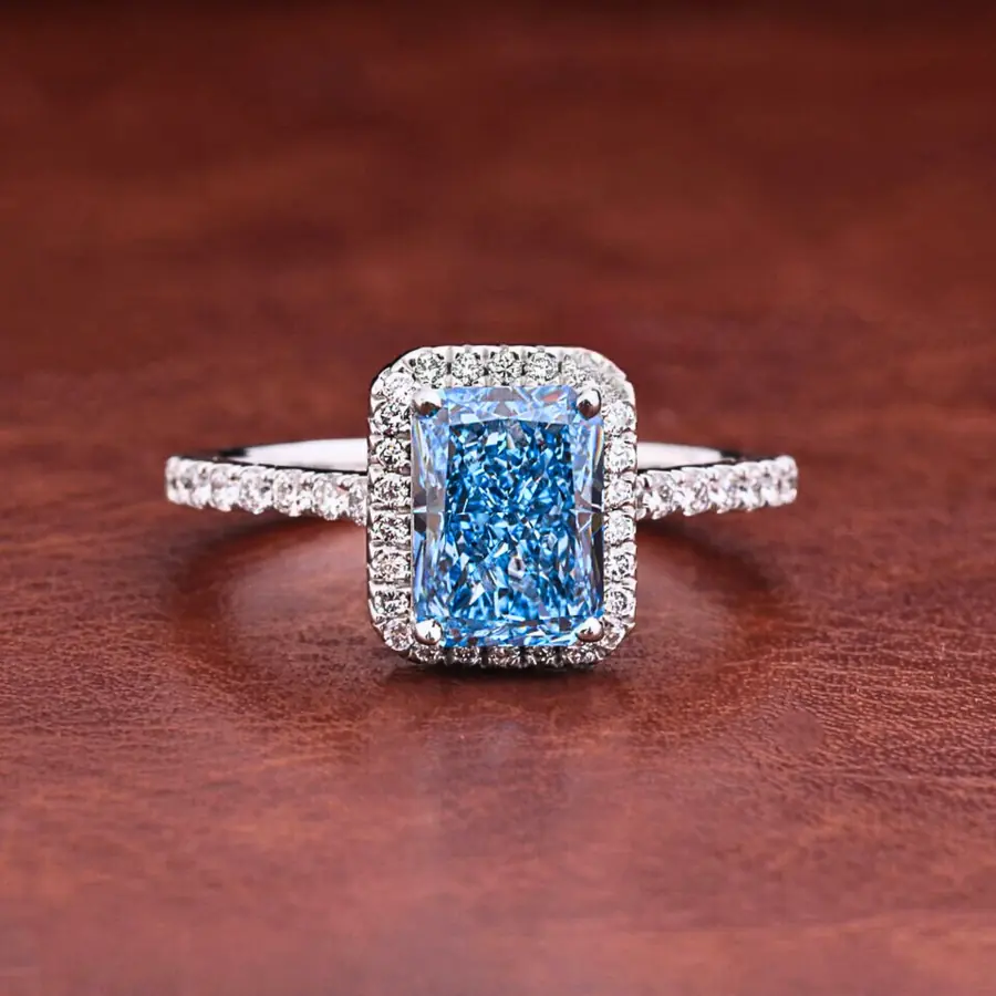 1.50 CT Blue Radiant Cut Lab Grown Diamond Halo Engagement Ring