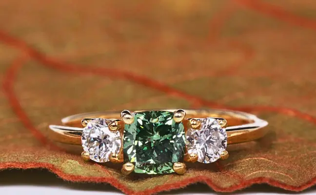 Green Cushion Cut Three Stone Lab Grown Diamond Engagement Ring
