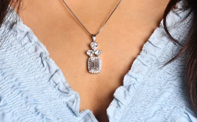 Emerald Cut Halo Lab Grown Diamond Pendant with Heart & Round Accents