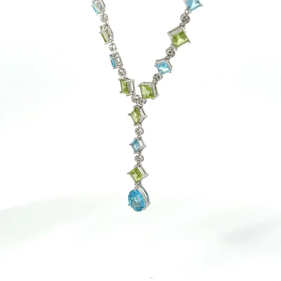 14K white gold, Diamond, Peridot, and Blue Topaz necklace