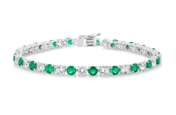 Round Created Emerald and Created White Sapphire Sterling Silver Tennis Bracelet