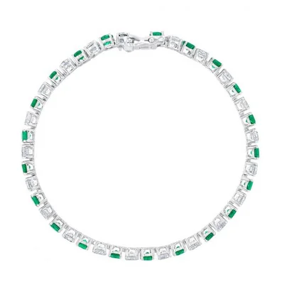 Round Created Emerald and Created White Sapphire Sterling Silver Tennis Bracelet