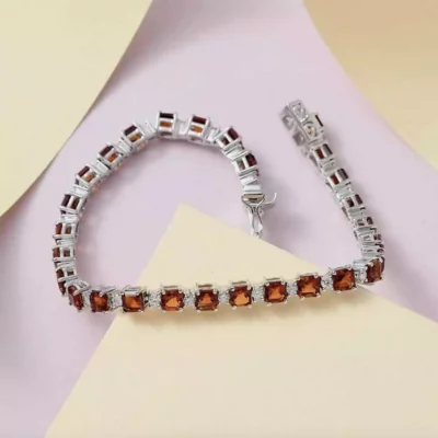 Asscher Cut Brazilian Cherry Citrine and Moissanite Tennis Bracelet Platinum Over Sterling Silver (7.25 In) 9.90 ctw