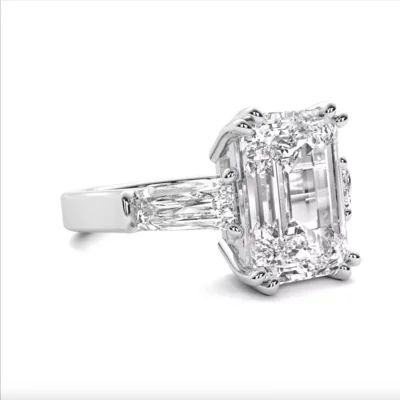 Designer Three Stone 5.65 G VS1 Lab Grown Emerald Cut Baguette Diamond Engagement Ring