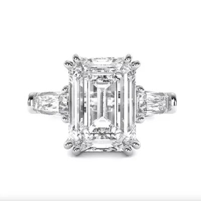 Designer Three Stone 5.65 G VS1 Lab Grown Emerald Cut Baguette Diamond Engagement Ring