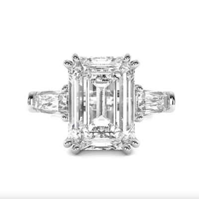 Designer Three Stone 5.65 G VS1 Lab Grown Emerald Cut Baguette Diamond Engagement Ring