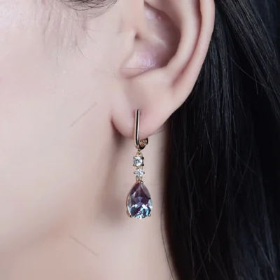 Alexandrite Earrings, Color Change For Women, 9K Gold, Pear Cut Clip Earrings, Anniversary Gift, Engagement Wedding Gift