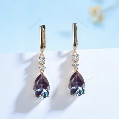 Alexandrite Earrings, Color Change For Women, 9K Gold, Pear Cut Clip Earrings, Anniversary Gift, Engagement Wedding Gift