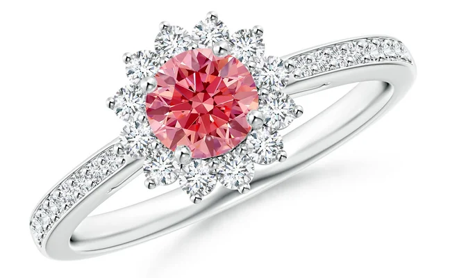 Classic Floral Halo Round Lab-Grown Fancy Intense Pink Diamond Ring with Accents