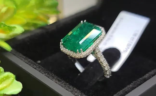 5.94 Octagon Cut Emerald Ring with Diamonds CGS