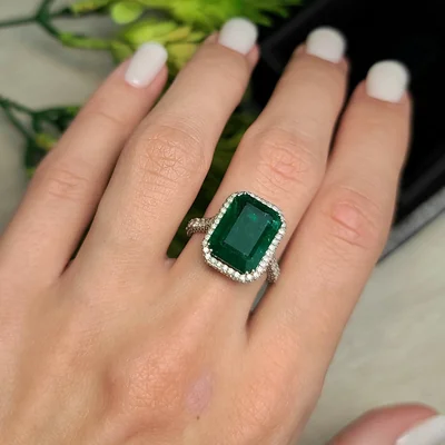 5.94 Octagon Cut Emerald Ring with Diamonds CGS