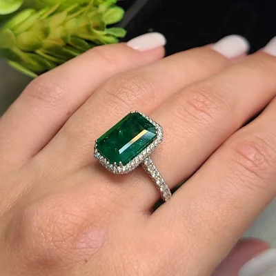 5.94 Octagon Cut Emerald Ring with Diamonds CGS