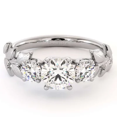 Leafy Three Stone Uniqe Prong Lab Diamond Ring