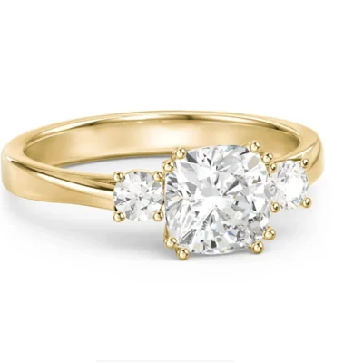 Meghan Markle Inspired 3.0 ct Lab Cushion Cut Three‑Stone Engagement Ring in 14 K Gold
