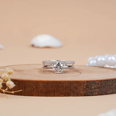 Lab Grown Solitaire Engagement Ring with Pave Wedding Band