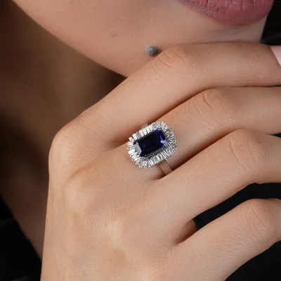 Emerald Cut blue sapphire Halo Diamond engagement Ring