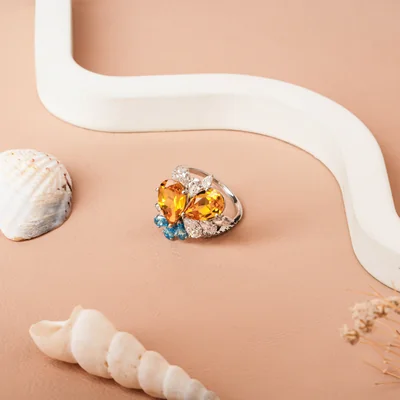 Dual Pear-Cut Citrine Diamond Cocktail Ring for Her