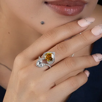 Double heart-shaped Citrine Diamond Wedding- Promise Ring