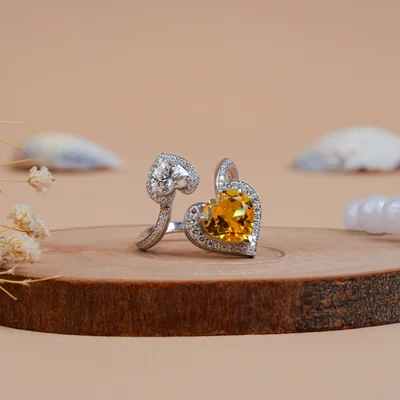 Double heart-shaped Citrine Diamond Wedding- Promise Ring