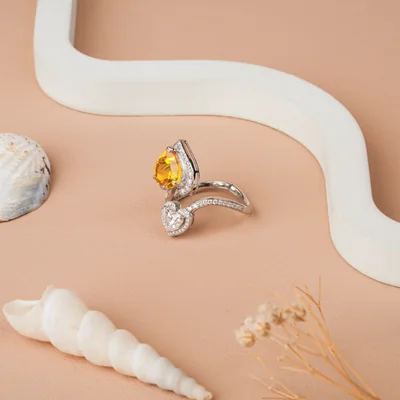 Double heart-shaped Citrine Diamond Wedding- Promise Ring