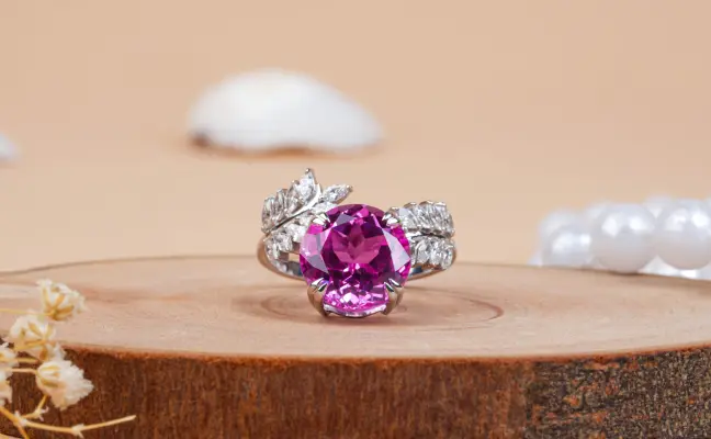 Round Cut Pink Sapphire & Diamond Leaf Engagement Ring