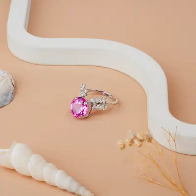 Round Cut Pink Sapphire & Diamond Leaf Engagement Ring