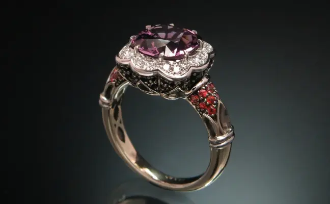 18K Gold Ring with Pink Spinel, White and Black Diamonds CGS