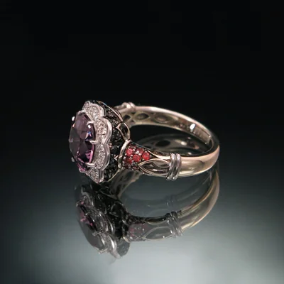18K Gold Ring with Pink Spinel, White and Black Diamonds CGS
