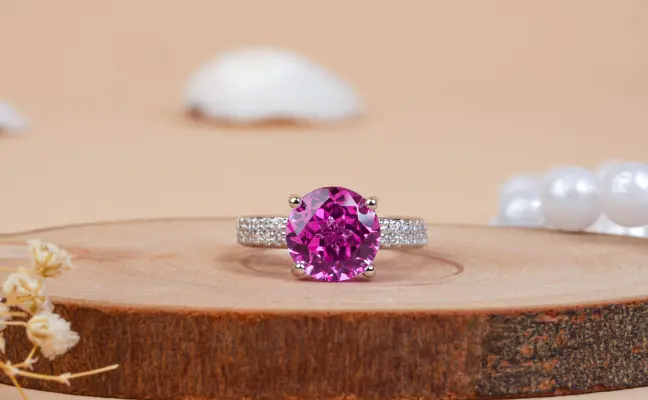 Round cut Pink Sapphire & Diamond Engagement Ring