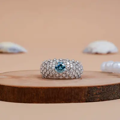 Swiss Blue Round Cut Lab Diamond Cocktail Ring