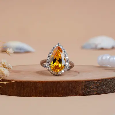 Citrine Pear Cut Halo Diamond Engagement Ring
