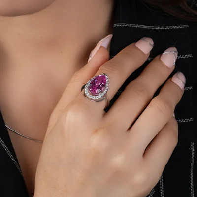 Pear Cut Halo Pink Sapphire & Engagement Diamond Ring
