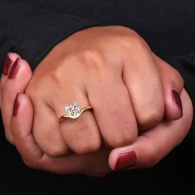 Heart Cut Lab Grown Diamond Solitaire Ring in Yellow Gold Wave Band